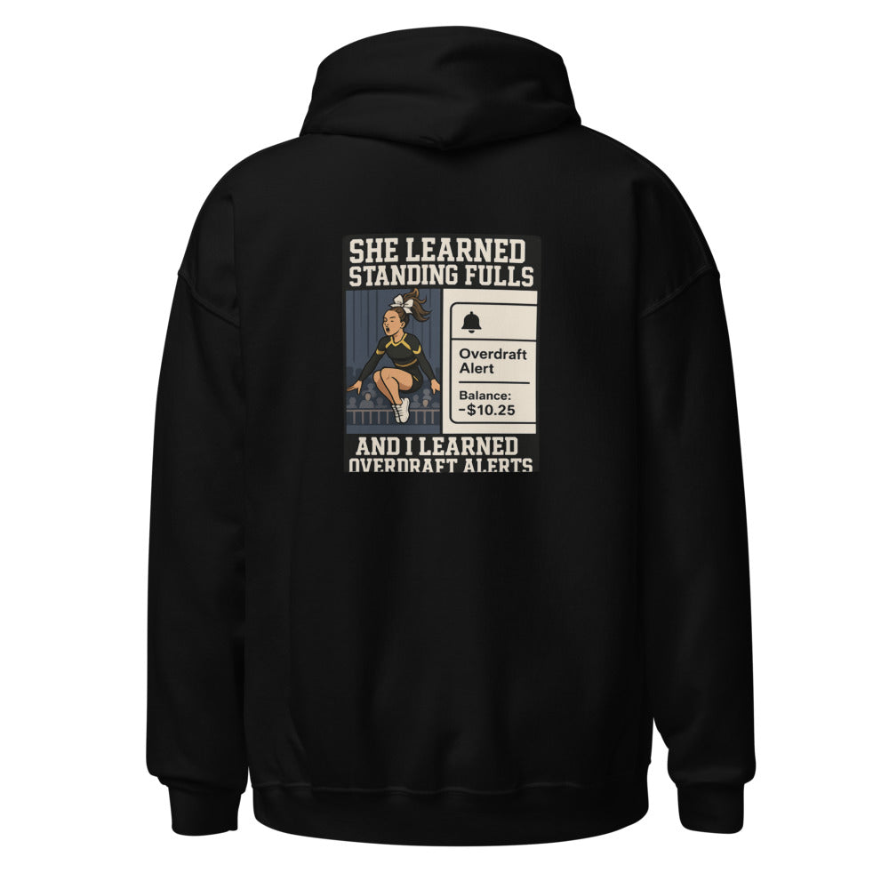 Black competitive cheerleading hoodie with "Cheer Dad" slogan displayed prominently.