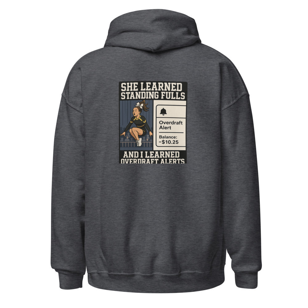 Black competitive cheerleading hoodie with "Cheer Dad" slogan displayed prominently.